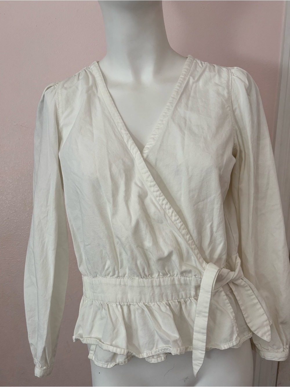 Madewell White Puff Sleeve Peplum Wrap Top Side Tie Medium Cotton Modal - Picture 2 of 6